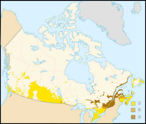 map of the bilingual belt in Canada English and french spoken