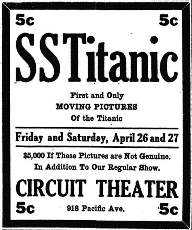 Advertisement For Titanic Newsreel April 26, 1912