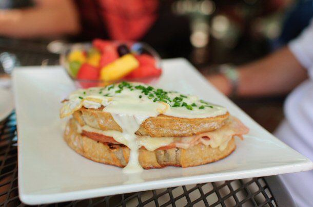 Croque monsieur is primarily made up of cheese, ham and egg with cheese on the outer side and ham on the inside. 