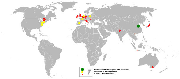 Global Distribution of Mushroom and Truffle Output in 2005 as % of Top Producer
