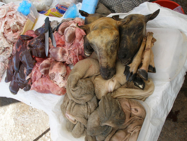 Goat Tripe and Heats at an Open Air Market in Peru