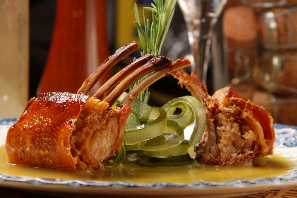 Pork chops on a bed of vegetables