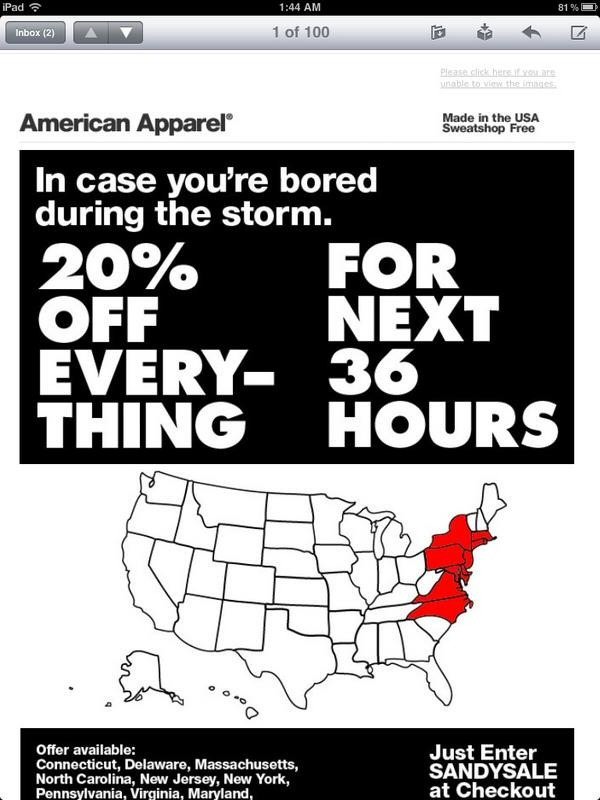 You wouldnt think that a devastating natural disaster like Hurricane Sandy would be an event that youd use to promote your products but in 2012 American Apparel thought otherwise.