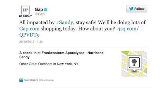 The Gap was another retail store that inexplicably thought Hurricane Sandy took the opportunity to promote their products. 