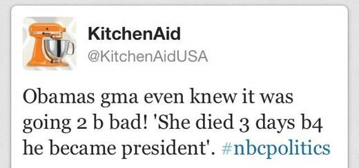 Kitchen appliance specialist KitchenAid made one of the weirdest and most offensive tweets in 2012, right after President Barrack Obama won his second term in office.