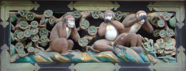 Three Wise Monkeys Carved on a Stable at Toshogu Shrine, Nikko, Japan