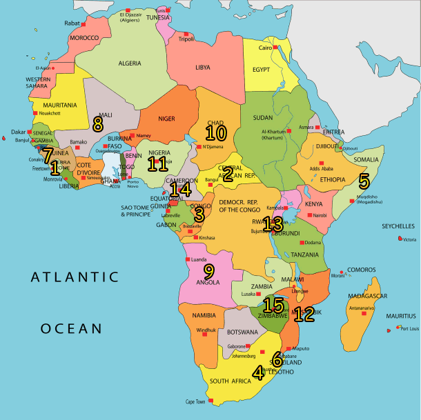 Africa - Listing the lowest life expectancy from 15 to 1 (lowest)