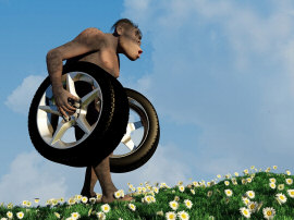 Primitive man has car wheels