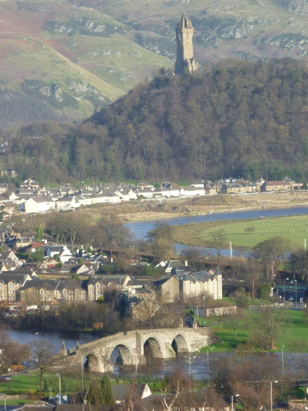 Modern-day Stirling, Scotland with Old Stirling Bridge and the Abbey Craig