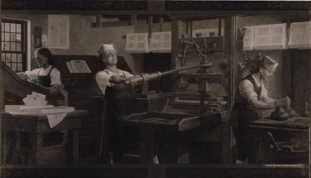 Benjamin Franklin (center) at Work on a Printing Press