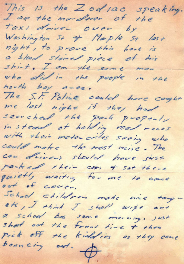 A Letter Written to the San Francisco Police From Who is Believed to be The Zodiac