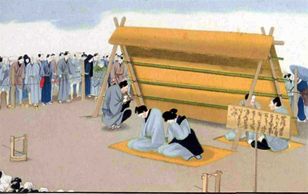 Man and Woman Being Punished in Early Japanese Culture for Adultery