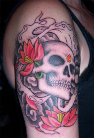 Skull Tattoo with roses on arm