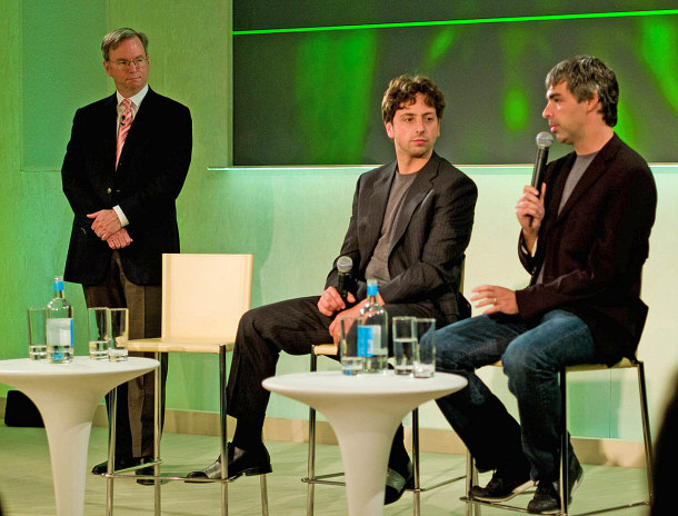From Left to Right, Eric Schmidt, Sergey Brin, and Larry Page of Google