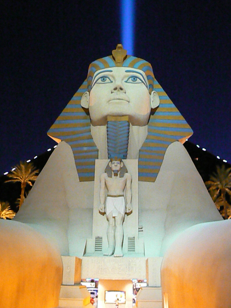 Sphinx at Luxor hotel las vegas showing big light on top on pyramid behind by Tim Pearce, Los Gatos, on Flickr