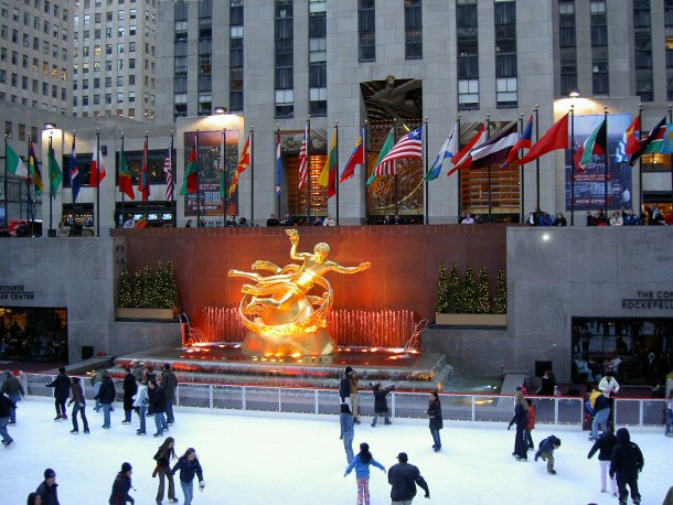 The Rockefeller Center in NYC has many things to do, including ice skating.