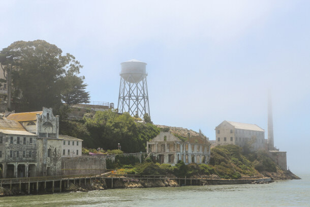Close-up of Alcatraz Island on a Foggy Day