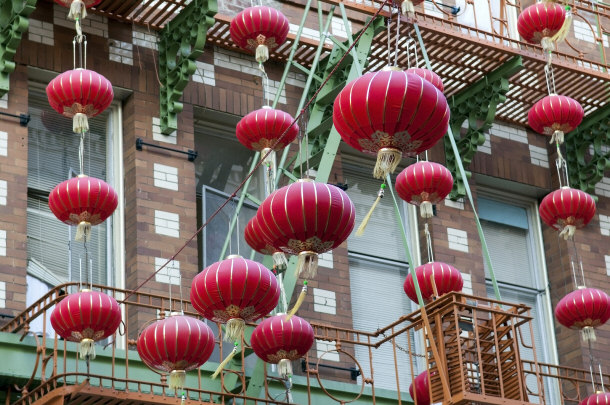 Garlands of Red Chinese Lanterns in Chinatown