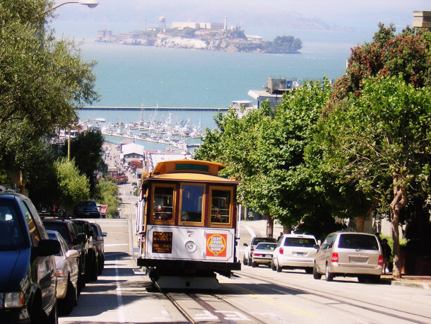 Cable Car Taking Passengers Up Extremely Steep Road