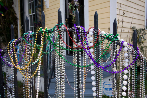 Gate Decorated with Beads Celebrating Mardi Gras and Carnival Season