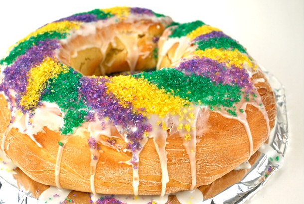 Traditional King's Cake Decorated in Mardi Gras Colors