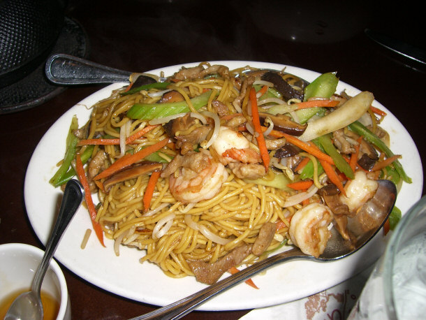 Traditional Chinese Chow Mein With Pork and Shrimp