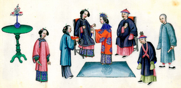 Qing Dynasty Wedding - Bride Wearing Blue Headpiece Presenting Tea to her Mother-in-law, Groom Wearing Sash Forming "X"