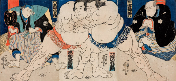Sumo Wrestlers Shirnaui Dakuemon (center left), Tsurugizan Taniemon (center right)