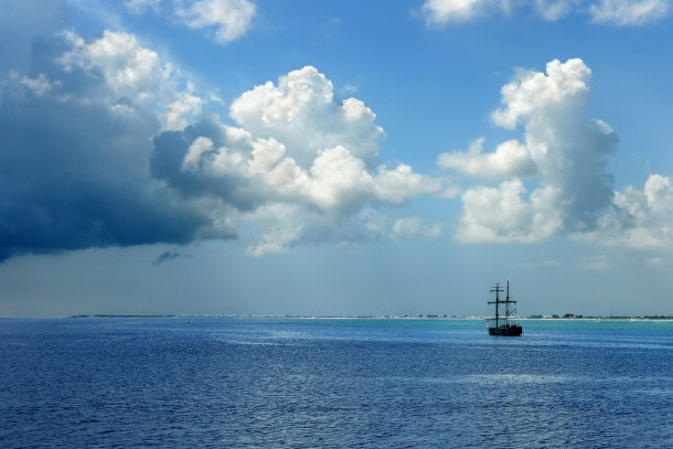 Pirate Ship Sailing Off the Coast of The Cayman Islands