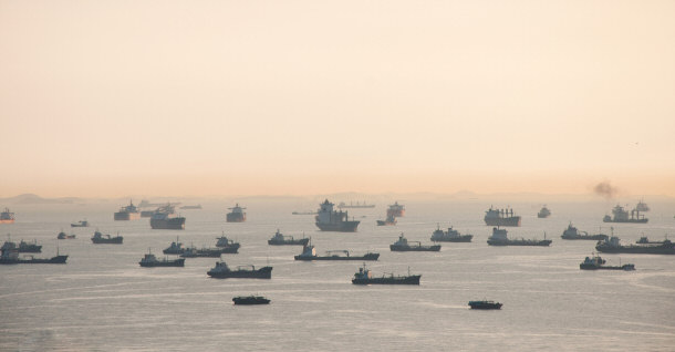 Vessels Lined Up in the Singapore Strait