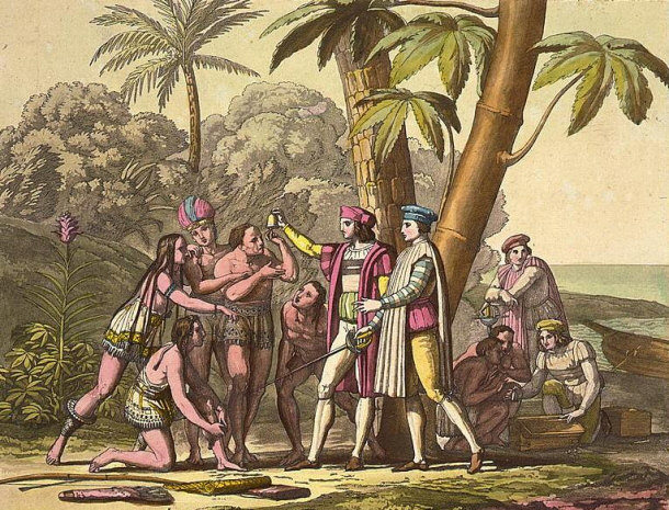 Landing of Columbus - Showing Objects to Native Americans