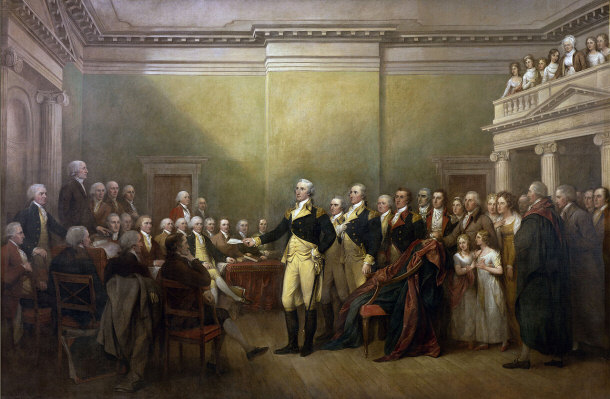 General George Washington Resigning his Commission - Becoming a Civilian in Order to Govern the U.S. as a Democracy - 1783