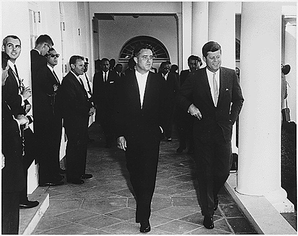 Kennedy and Johnson Greeting Peace Corps Volunteers at the White House