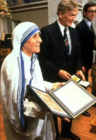 Mother Teresa receiving Nobel Peace Prize