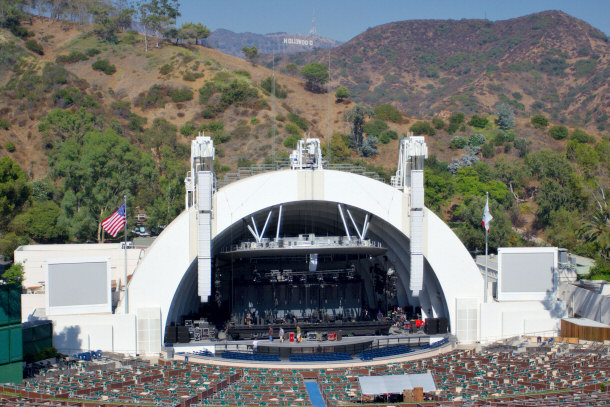 Hollywood Bowl Amphitheatre with Hollywood Sign and Mountains in Distance